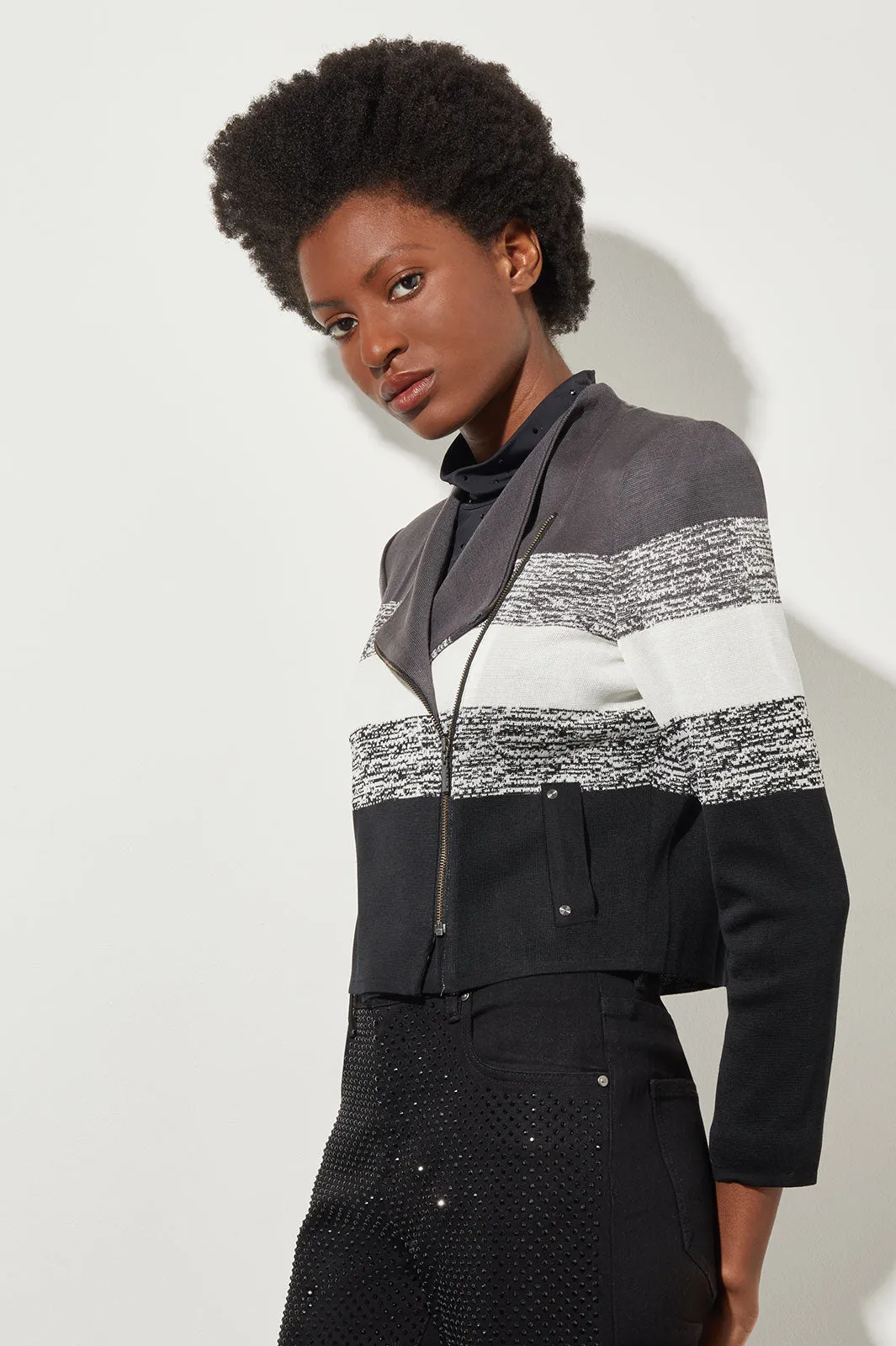 Tailored Moto Jacket - Zip-Front Stripe Knit