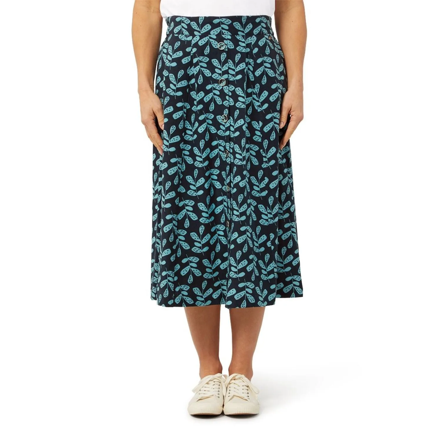 TIGI 10/12 Indigo Eco Leaf Print Button Skirt