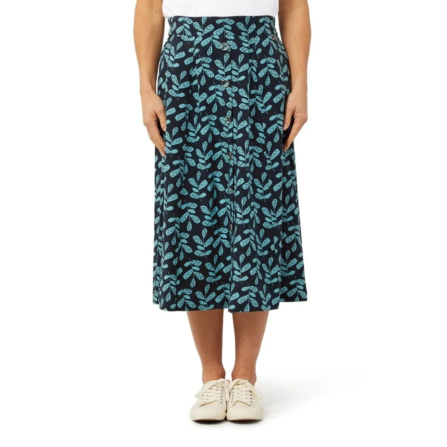 TIGI 22/24 Indigo Eco Leaf Print Button Skirt