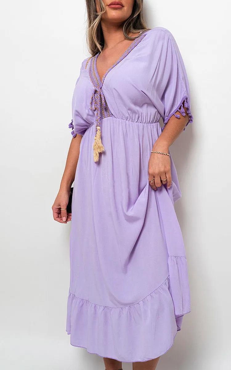 V-neck Rope Tassel Detail Maxi Dress