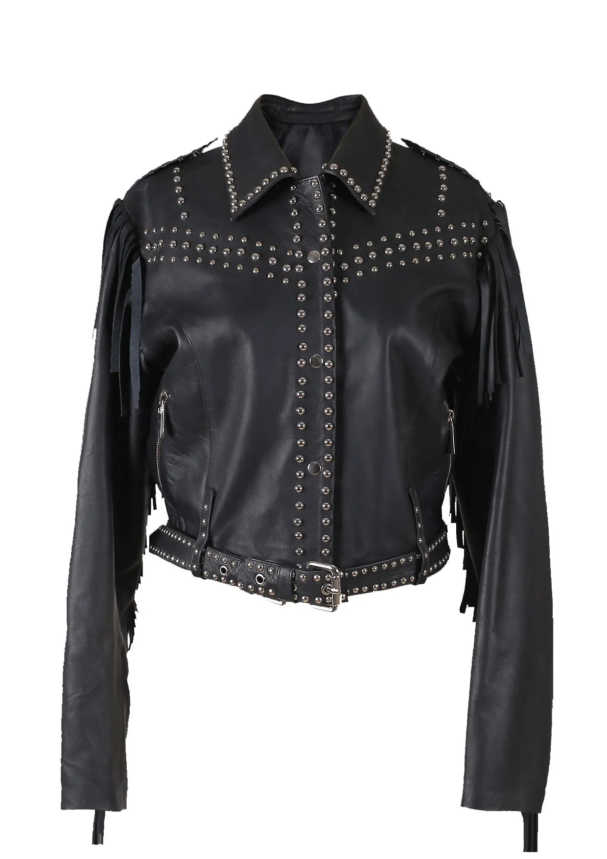 Venus Fringed Studded Cropped Leather Jacket