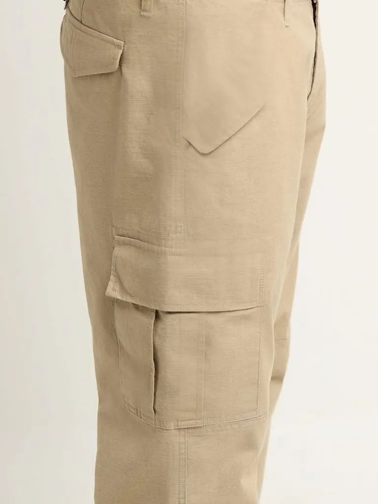 WES Casuals Beige Relaxed Fit Mid Rise Cargo Blended Linen Pants