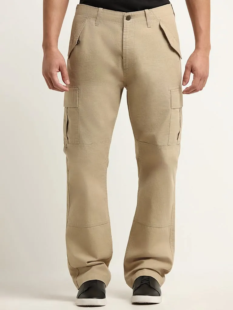 WES Casuals Beige Relaxed Fit Mid Rise Cargo Blended Linen Pants