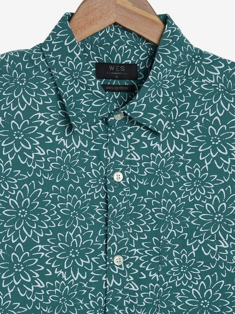 WES Casuals Green Floral Slim Fit Shirt