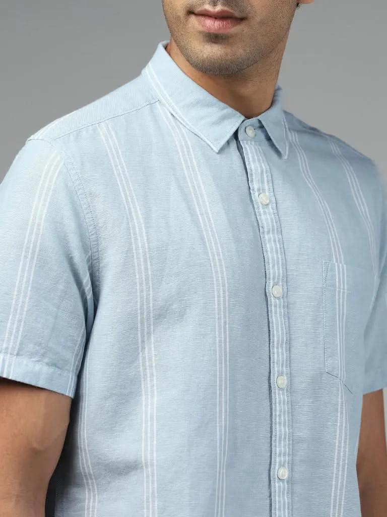 WES Casuals Light Blue Striped Slim-Fit Blended Linen Shirt