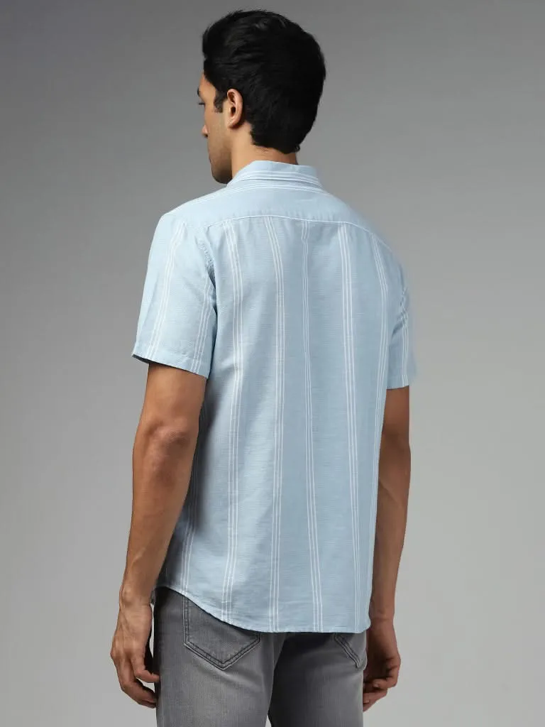 WES Casuals Light Blue Striped Slim-Fit Blended Linen Shirt