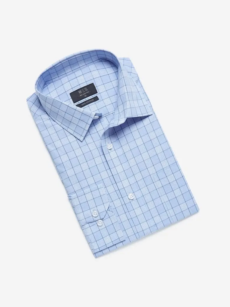 WES Formals Blue Relaxed-Fit Checkered Shirt