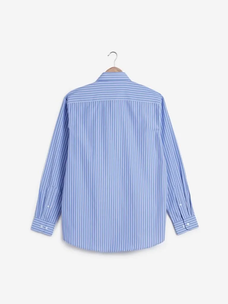 WES Formals Blue Relaxed-Fit Striped Pattern Shirt