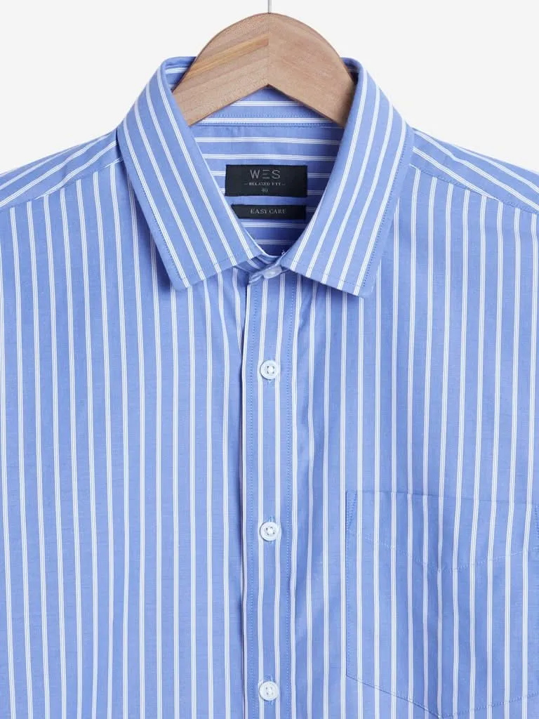 WES Formals Blue Relaxed-Fit Striped Pattern Shirt