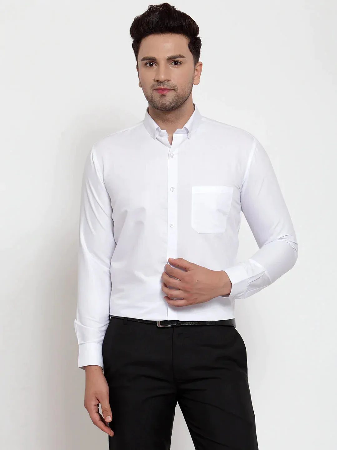 White Men'S Cotton Solid Button Down Formal Shirts