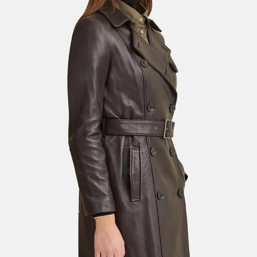 Women Brown Leather Trench Coat With Belt