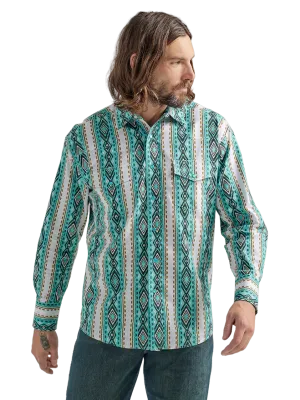 Wrangler Men's Checotah Long Sleeve Western Snap Printed Turquoise Shirt - Big