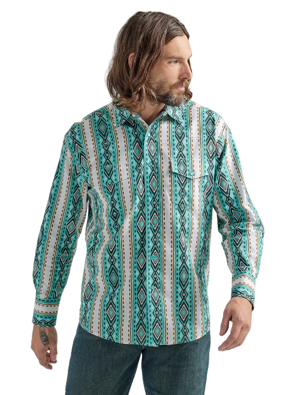 Wrangler Men's Checotah Long Sleeve Western Snap Printed Turquoise Shirt - Big