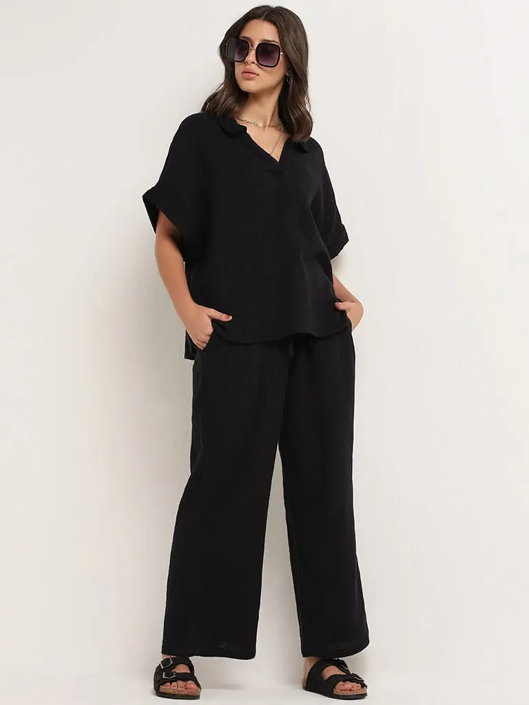 Wunderlove Black Cotton Crinkled Relaxed Beach Pants