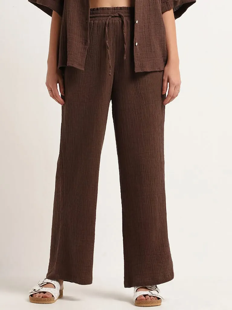 Wunderlove Dark Brown Cotton Crinkled Relaxed Beach Pants